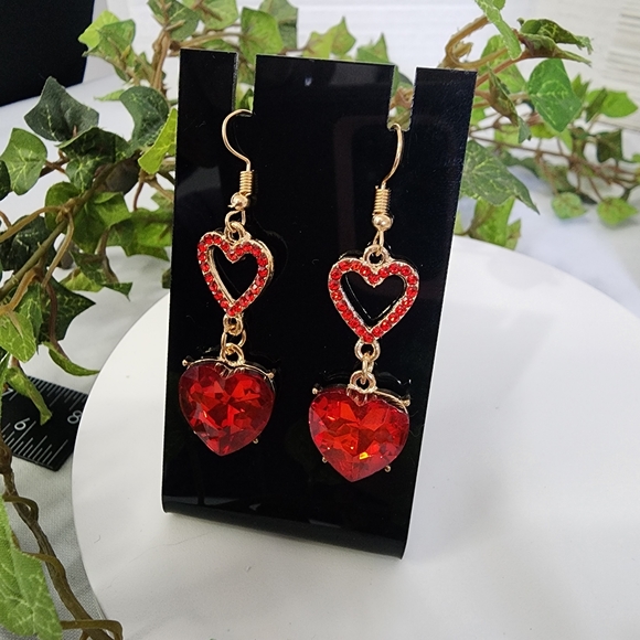 Gold with Red Crystal Double Heart Drop Earrings New - Picture 3 of 7